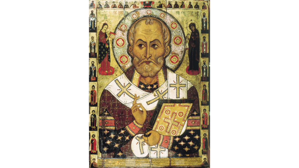 Eine Ikonenmalerei des Sankt Nikolaus im Bischofsgewand