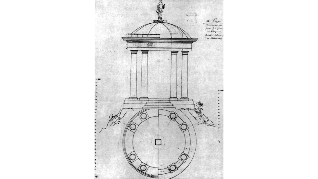 Die Konstruktionszeichnung des Architekten für den runden Apollotempel im Tempelgarten nach Auftrag Friedrichs des Zweiten