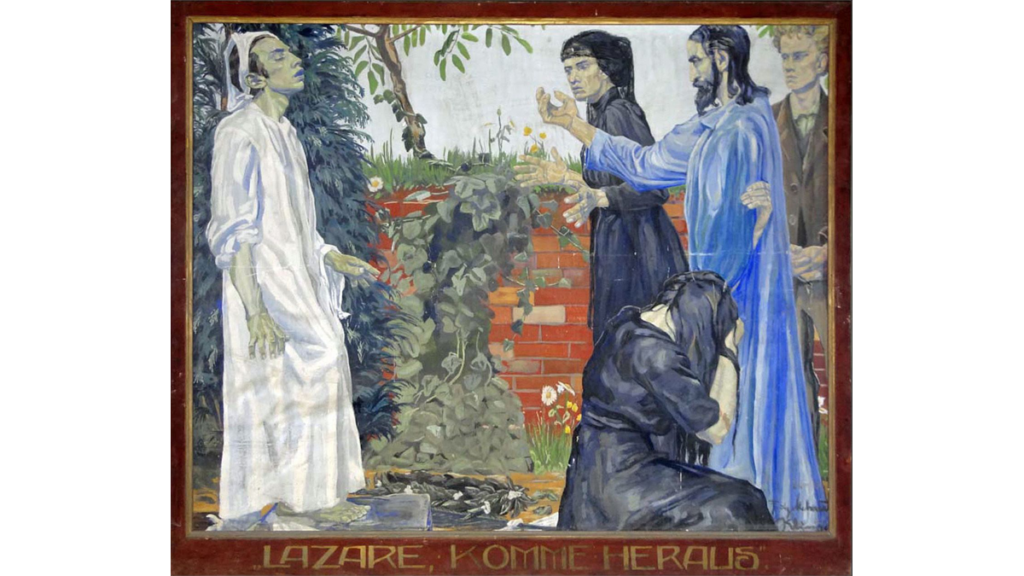 Ein gemaltes Bild von Sankt Lazarus und seiner Erweckung durch Jesus. Unter dem Bild stehen die Worte 'Lazare komme heraus.'