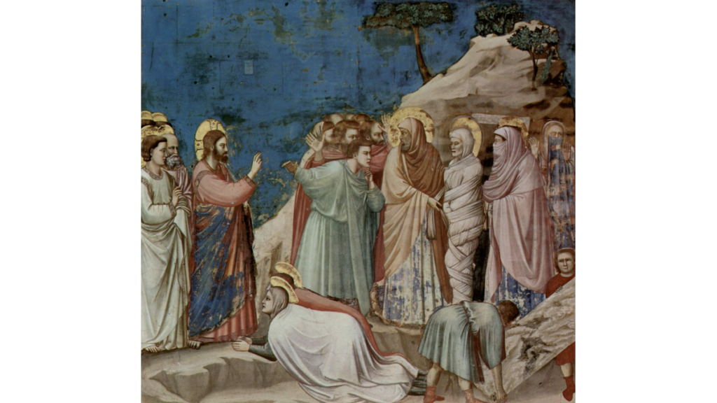 Ein gemaltes Bild des Lazarus, wie er von Jesus erweckt wird