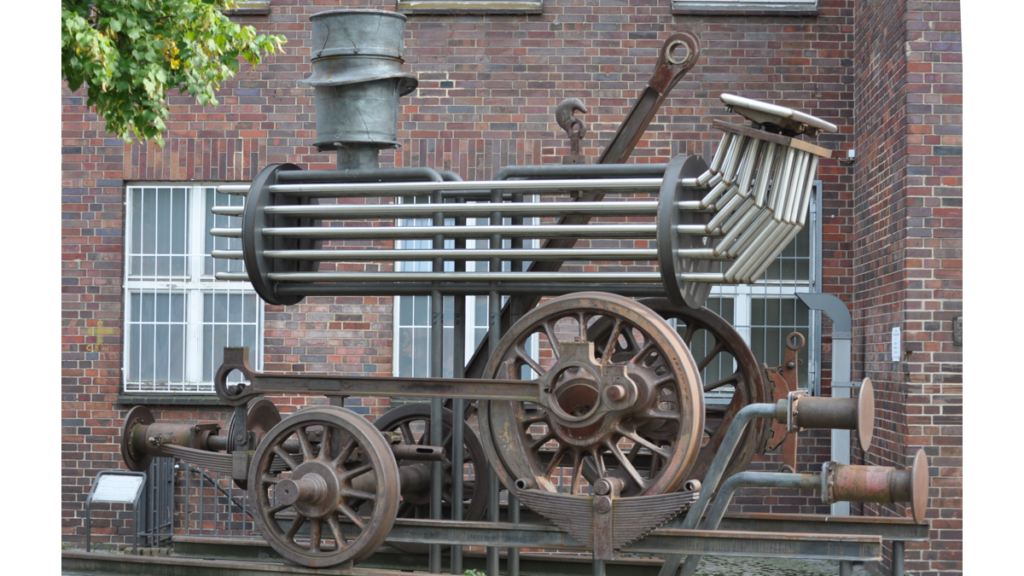 Eine Dampflokomotive aus Stahl als Kunstwerk