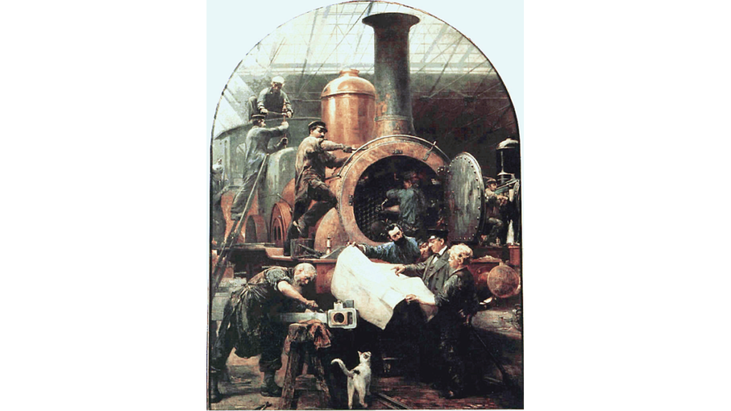 Ein historisches Gemälde, das Männer beim Bau einer Dampflok zeigt