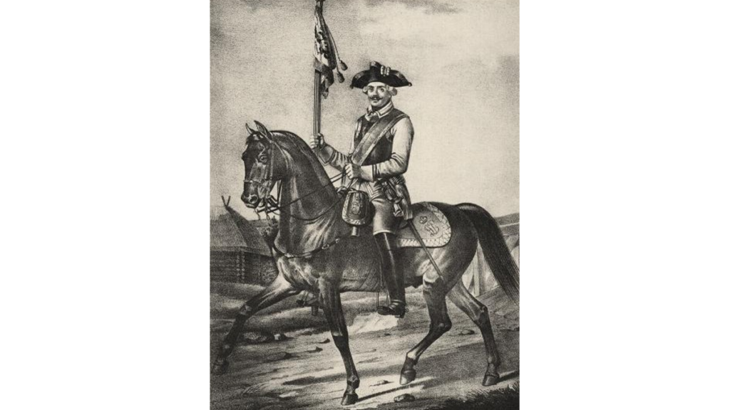 Eine Abbildung aus einem Buch, das einen russischen Fähnrich auf einem Pferd samt Fahne zeigt
