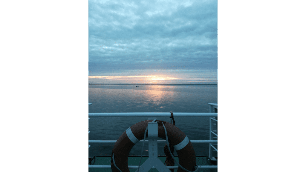 Der Blick von der Fähre über das Meer auf Hiddensee. Im Vordergrund ist die Reling mit einem Rettungsreifen