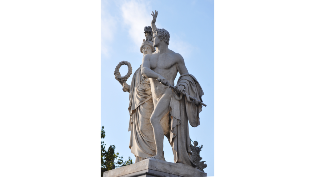 Die Statue der Göttin Athena weist einem Jüngling mit Schwert den Weg hin zum Kampf