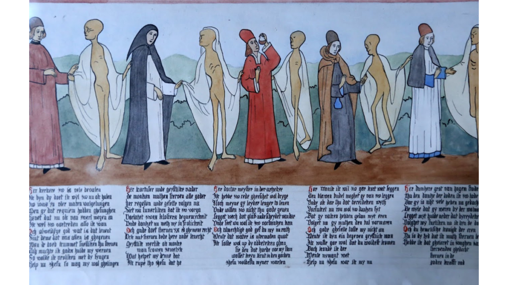 Eine rekonstruierte Grafik des Totentanzes, in dem die mittelalterlich gekleiderten Bürger um Erlösung bitten, was als Text unter den Figuren angezeigt wird