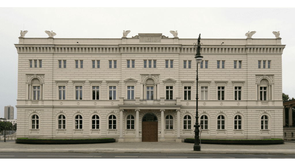 Die Alte Kommandantur in Berlin: ein dreistöckiges klassisches Gebäude mit einem viersäuligen Portal in der Mitte
