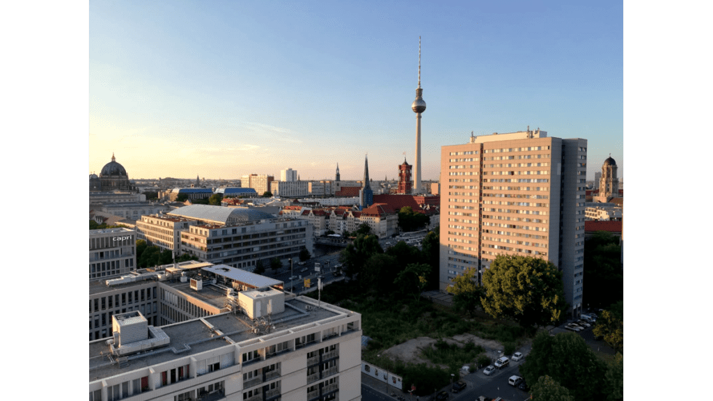 Die Aussicht aus dem 16. Stock über Berlin von einem Hochhaus von der Fischerinsel mit dem Fernsehturm, dem Dom und dem Roten Rathaus