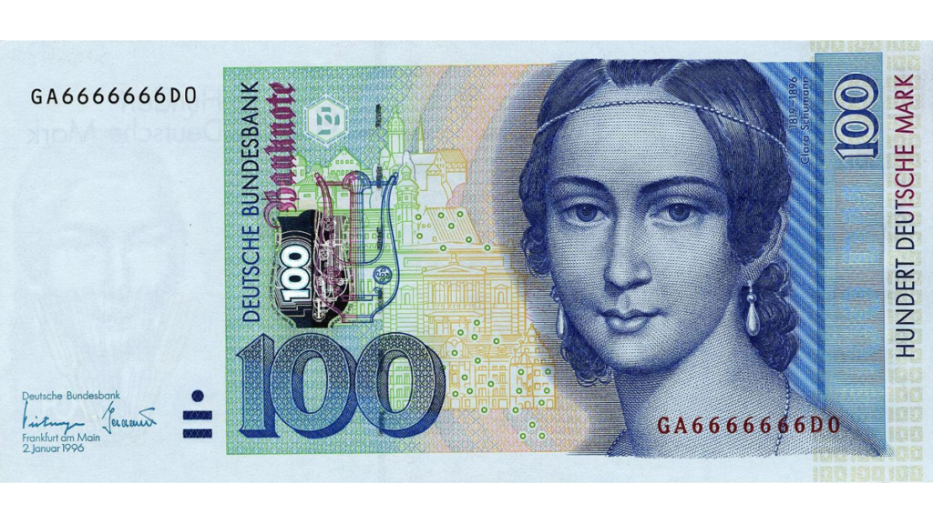 Ein 100-DM Schein aus dem Jahr 1996 mit dem Konterfei Clara Schumanns