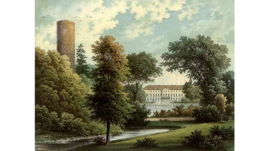 Ein Gemälde des 19. Jahrhunderts, auf dem das Schloss und die Burg Wolfshagen zu sehen sind