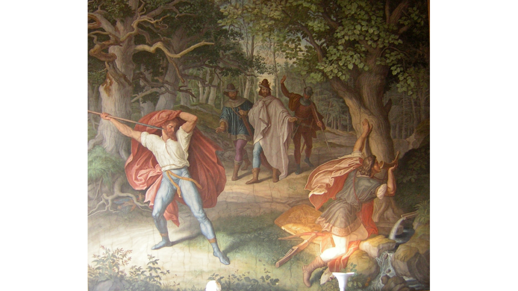 Ein Gemälde, das zeigt, wie Siegfried durch Hagen von Tronje hinterrücks ermordet wird.