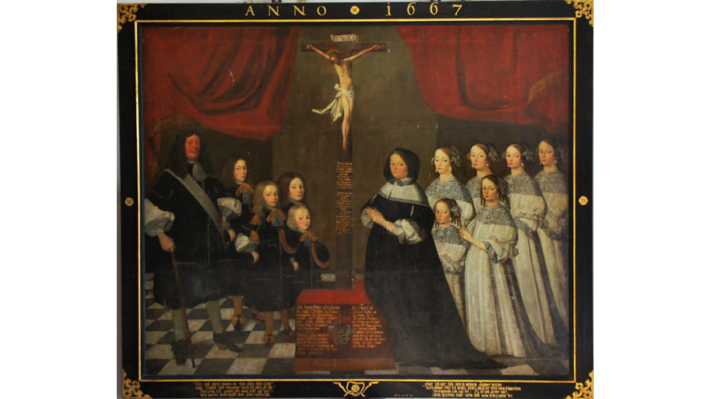 Ein 1667 gemaltes Bild der Eheleute von Bredow mit ihren vier Jungen und sechs Mädchen