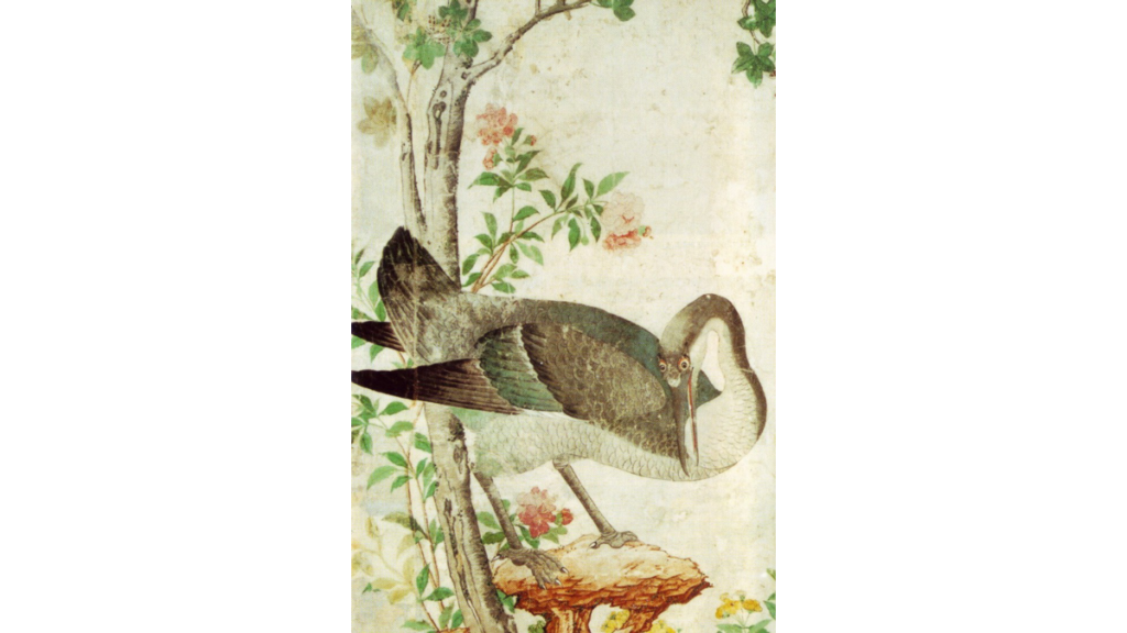 Ein Detail der restaurierten Tapeten im Schloss: mit einem Vogelmotiv