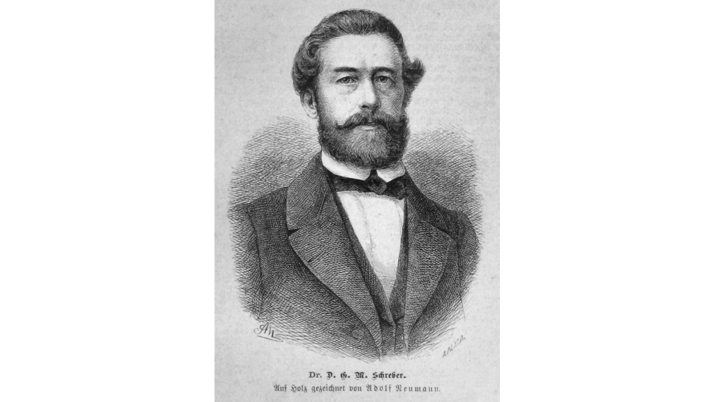 Ein gezeichnetes Porträt des Erfinders des Schrebergartens, Dr. Schreber, aus dem Jahr 1883