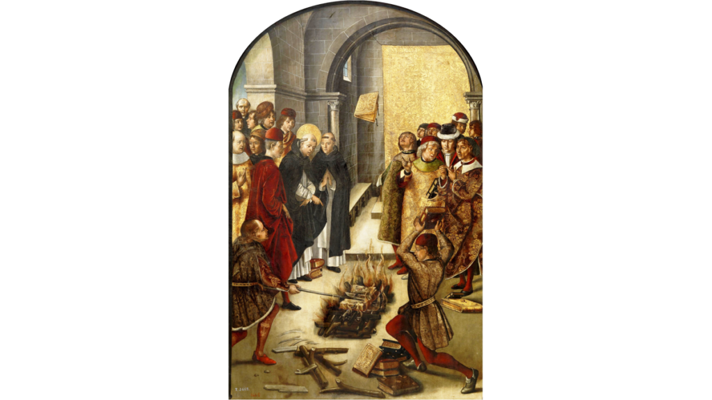 Ein Gemälde zeigt die Begegnung des heiligen Dominikus mit den Albigensern