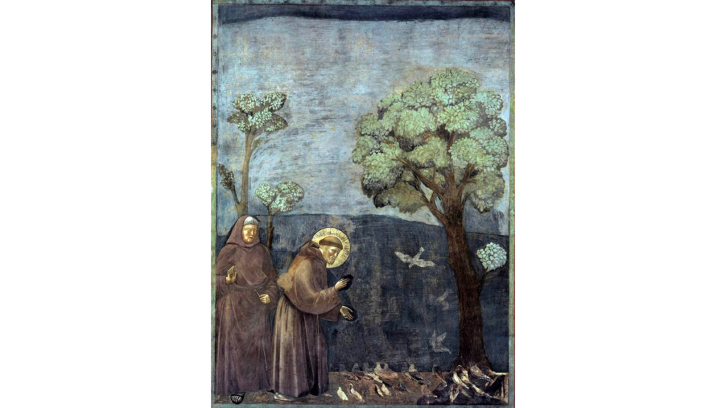 Ein Gemälde der Vogelpredigt, eine der bekanntesten Legenden über Franz von Assisi
