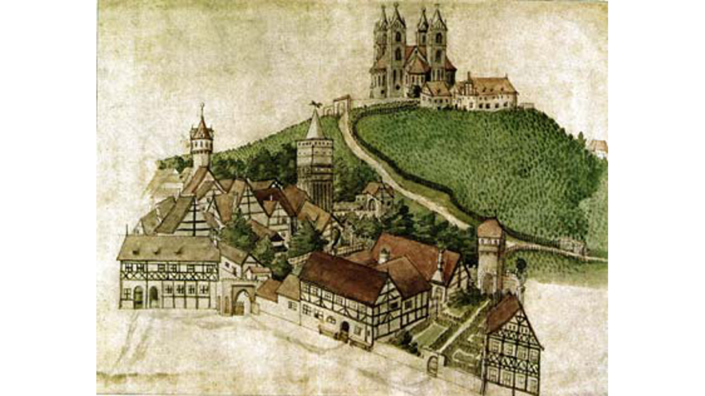 Eine Darstellung der Marienkirche in Brandenburg mit den Tortürmen aus dem Jahr 1588