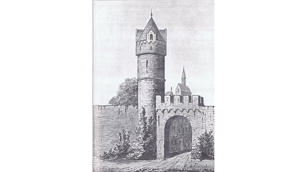 Eine grafische Abbildung des Plauer Torturms aus dem 16. Jahrhundert