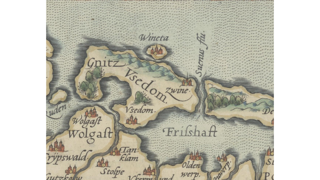 Die versunkene Insel Wineta auf einem Kupferstich des Herzogtums Pommern aus dem 16. Jahrhundert.