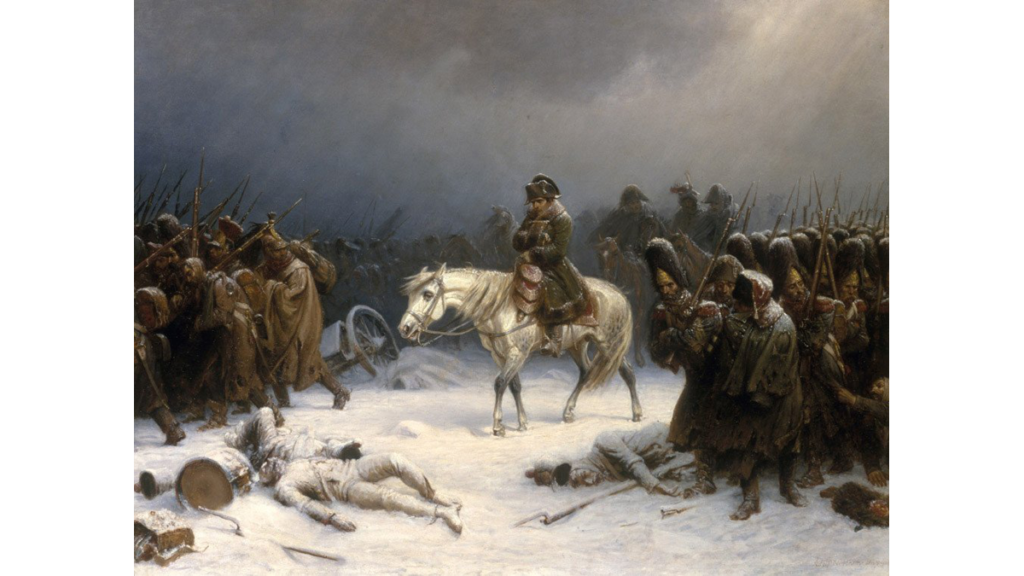 Ein Gemälde aus dem 19.Jahrhundert zeigt den geschlagenen Napoleon auf dem Rückzug aus Moskau