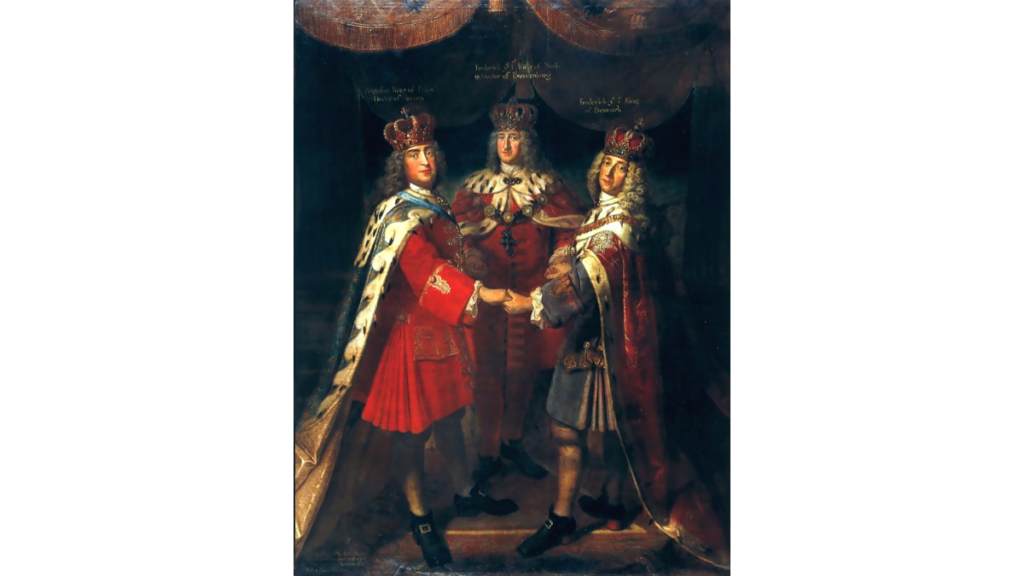 Das Gemälde "Dreikönigstreffen" von Samuel Theodor Gericke von 1709 mit den drei Herrschern Friedrich I., Friedrich IV. von Dänemark und August den Starken