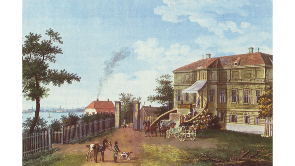Ein altes Gemälde von 1795, das das Schloss Caputh zeigt