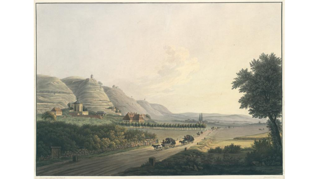 Ein Gemälde von 1805 zeigt den Jakobstein, wie er ganz oben auf den Elbhängen thront. Zu seinen Füßen liegt Schloss Wackerbarth.