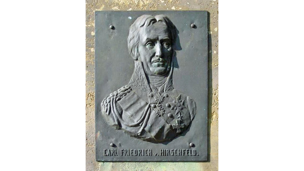 Eine auf dem Alten Denkmal angebrachte Darstellung von Carl Friedrich von Hirschfeld