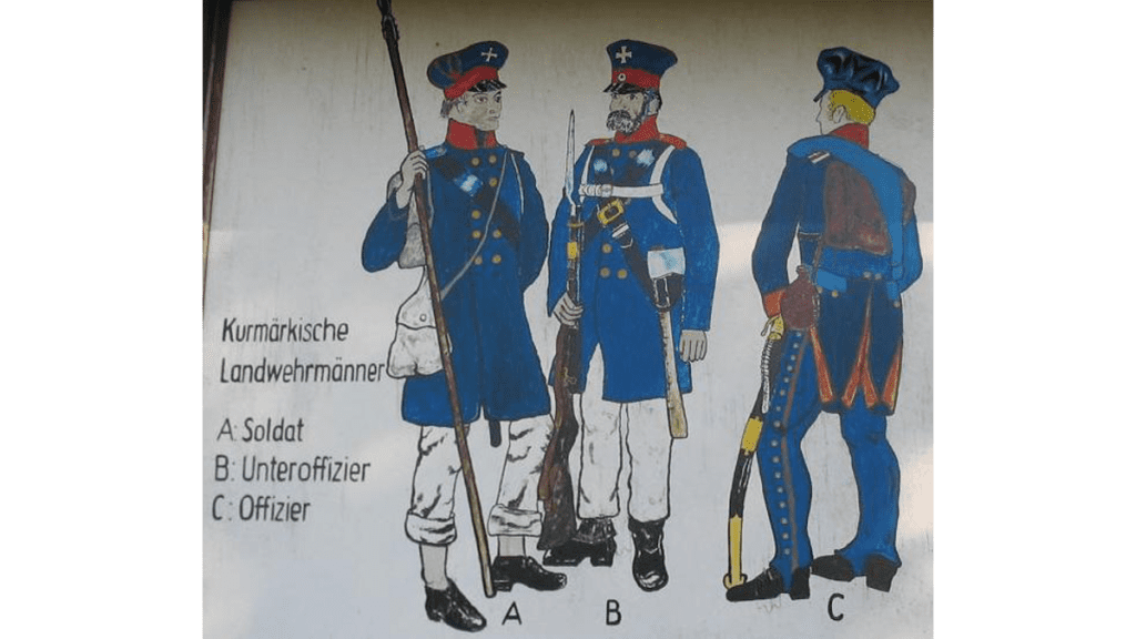 Eine Zeichnung der unterschiedlichen Ausrüstung kurmärkischer Landwehrmänner als Soldat, Unteroffizier und Offizier