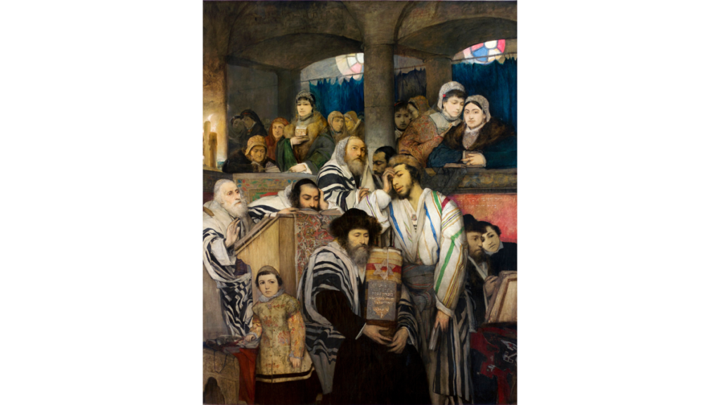 Ein Gemälde, das betende Juden in der Synagoge am Jom Kippur Tag zeigt