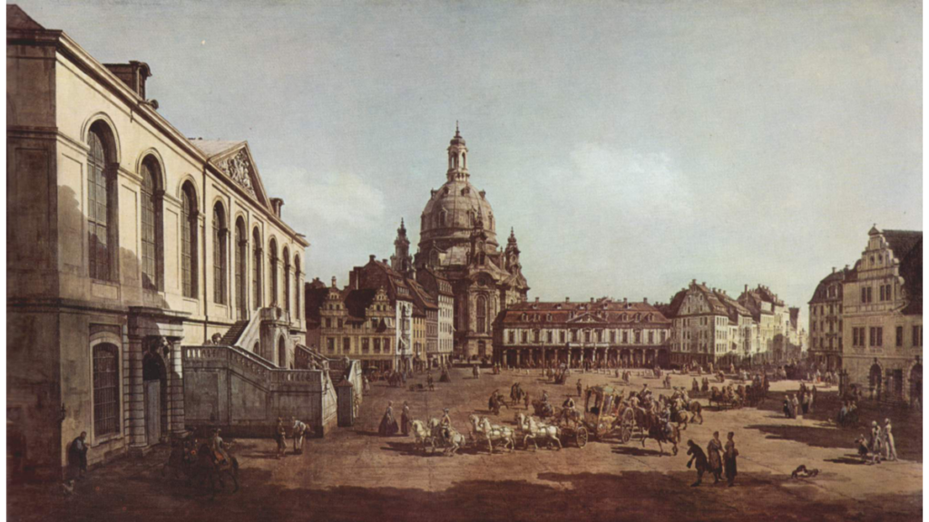 Ein Gemälde von Canaletto (1721-1780). Es zeigt die Frauenkirche und im Vordergrund das alte Stallgebäude (heute Verkehrsmuseum), an welches sich der Stallhof anschließt.