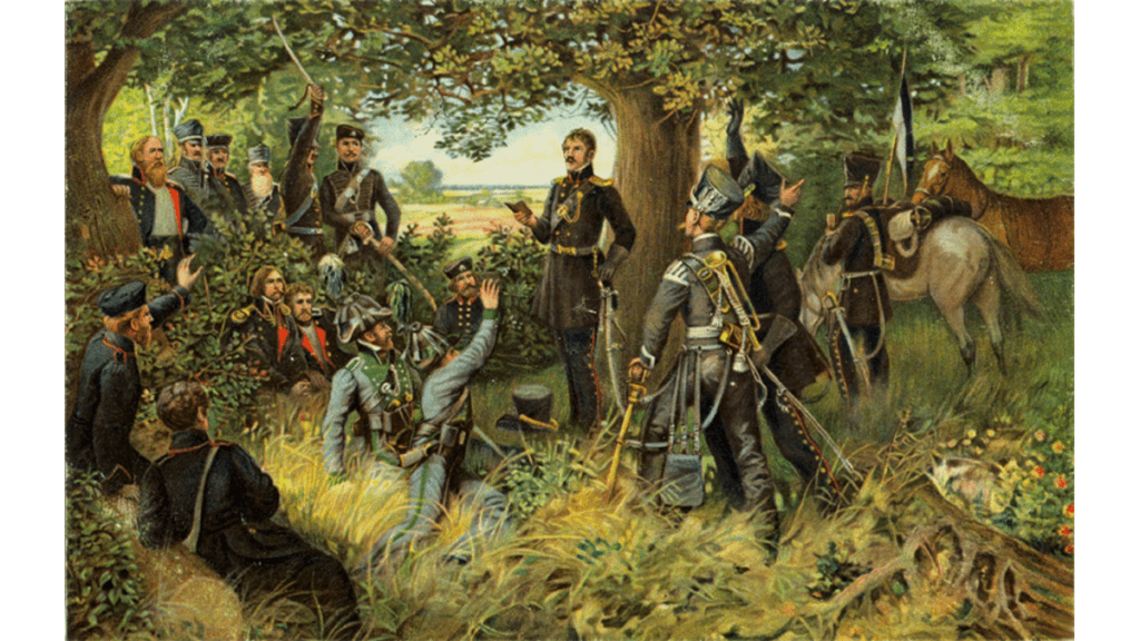 Die Darstellung des jungen Theodor Körner auf einem Gemälde, auf dem er patriotische Lyrik vor Soldaten rezitiert.