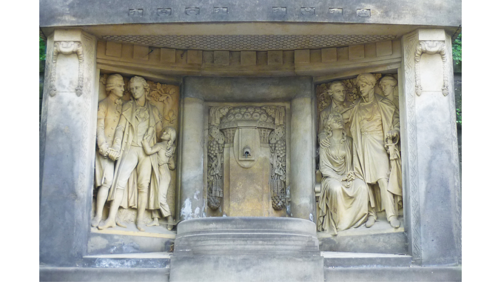 Das Schiller-Körner-Denkmal von 1912. Links Schillers letzter Besuch bei den Körners, rechts der Abschied von Theodor Körner von seiner sitzenden, trauernden Mutter und dem danebenstehenden Vater. Im Hintergrund die Schwester Emma Körner.