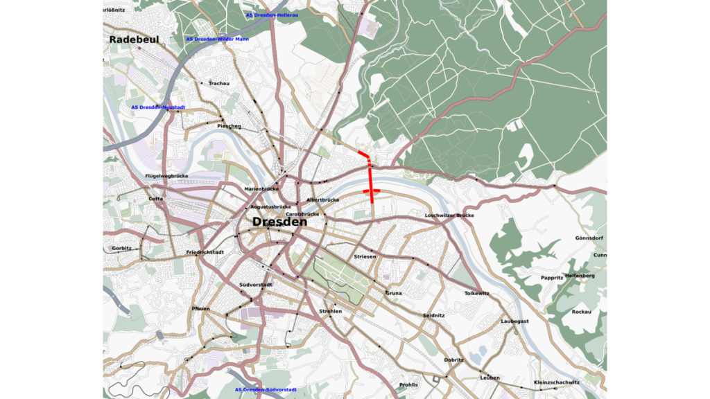 Eine Karten-Übersicht über die Dresdener Elbbrücken. Die Waldschlösschenbrücke ist rot markiert.