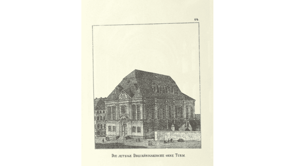 Eine alte Darstellung in einem Buch zeigt die Dreikönigskirche in Dresden noch ohne ihrem Turm.