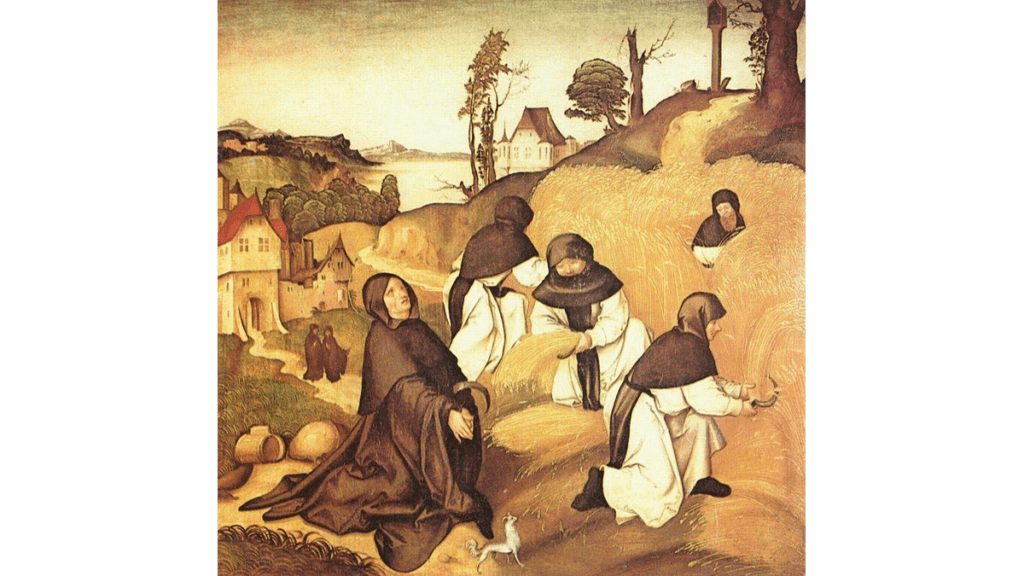 Die Nonnenklöster beschäftigten männliche Konversen, die die Arbeit unterstützten, wie bei der Feldarbeit in einer Darstellung aus dem 16.Jahrhundert