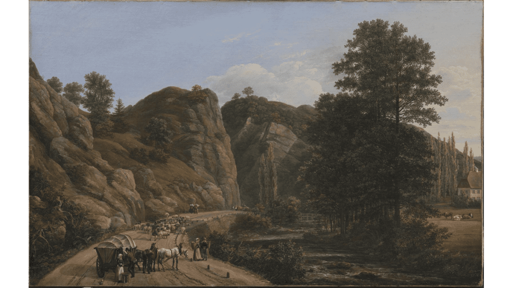 Ein Gemälde des Plauenschen Grunds von Joha Christian Dahl. Auf dem Felsen befinder sich heute der Aussichtsturm Hoher Stein.