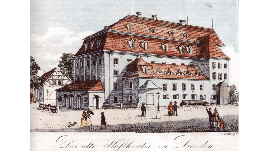 Das Hoftheater von Dresden auf einer Zeichnung aus dem 19. Jahrhuundert. Hier wurde der Freischütz von Carl Maria von Weber aufgeführt.