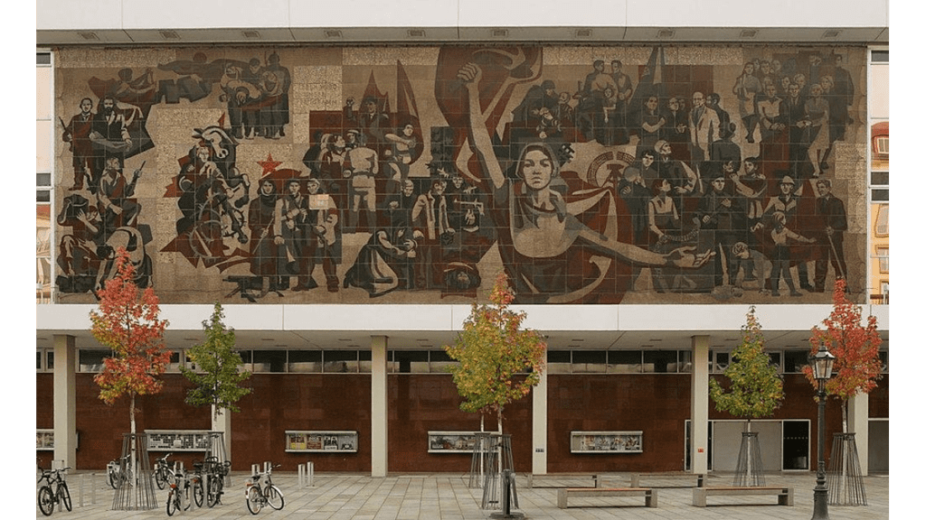 Das Wandbild Der Weg der Roten Fahne an der Außenfassade des Dresdener Kulturpalastes