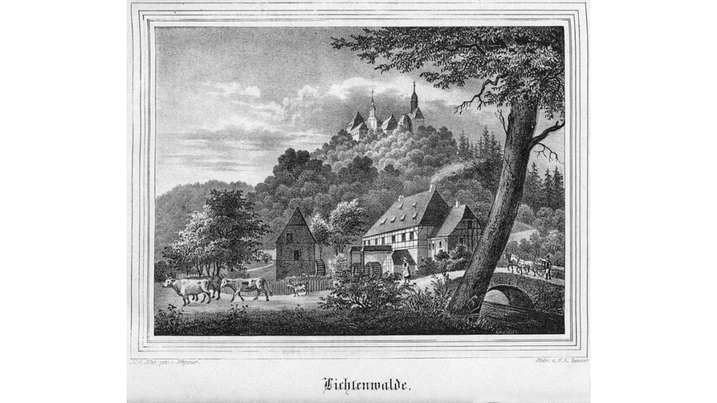 Der Schlosspark Lichtenwalde mit dem Schloss im Jahr 1840.