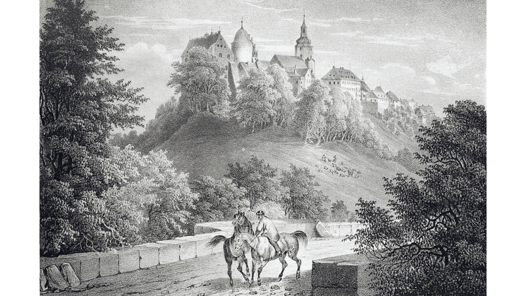 Eine historische Abbildung von Schloss Schwarzenberg und der Sankt Georgenkirche.