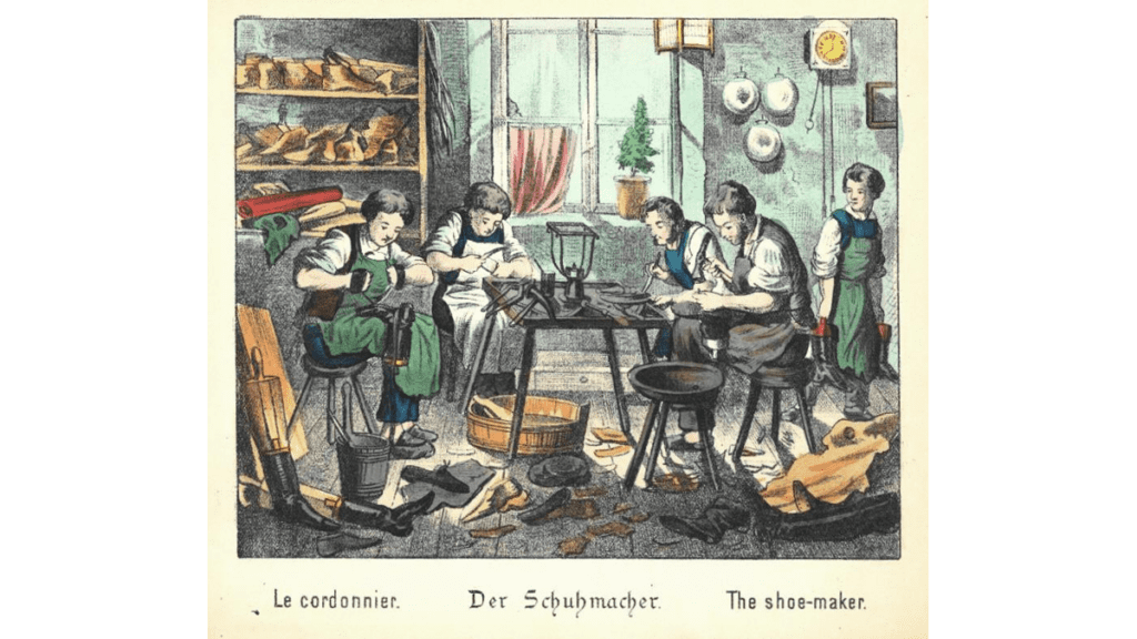 Eine Abbildung zeigt das Schuhmacherhandwerk im Jahr 1880.
