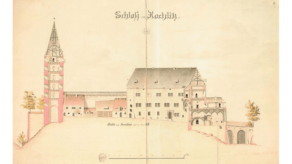 Schloss Rochlitz auf einer Architekturzeichnung aus dem Jahr 1834.