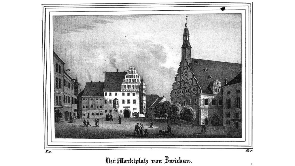 Der Marktplatz von Zwickau mit dem Gewandhaus auf einer Ansicht von 1835.