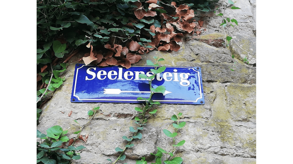 Ein Straßenschild in Meißen mit dem Namen Seelensteig