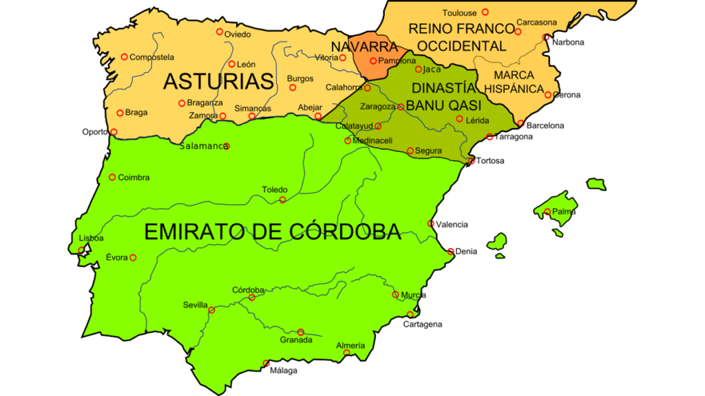Eine Karte der Iberischen Halbinsel mit dem andalusischen Dreieck bestehend aus den Städten Sevilla, Cordoba und Granada.