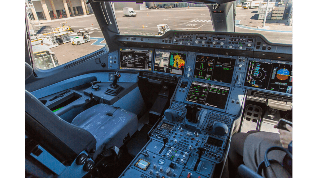 Der Blick ins Innere eines Cockpits, und zwar vom Airbus A-350