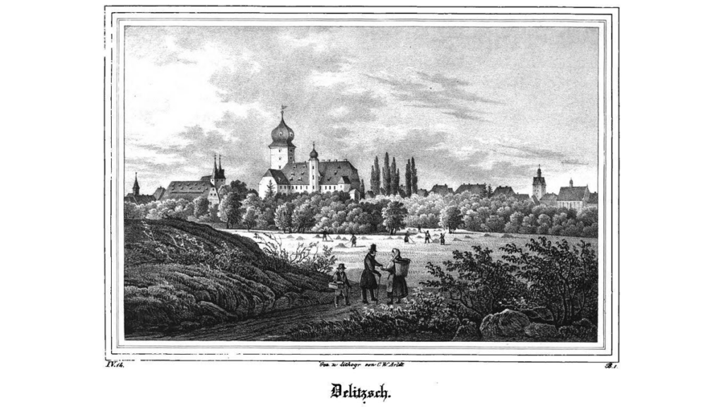 Ein historisches Stadtbild von Delitzsch im Jahr 1839 mit der Kirche Peter und Paul und dem Barockschloss.