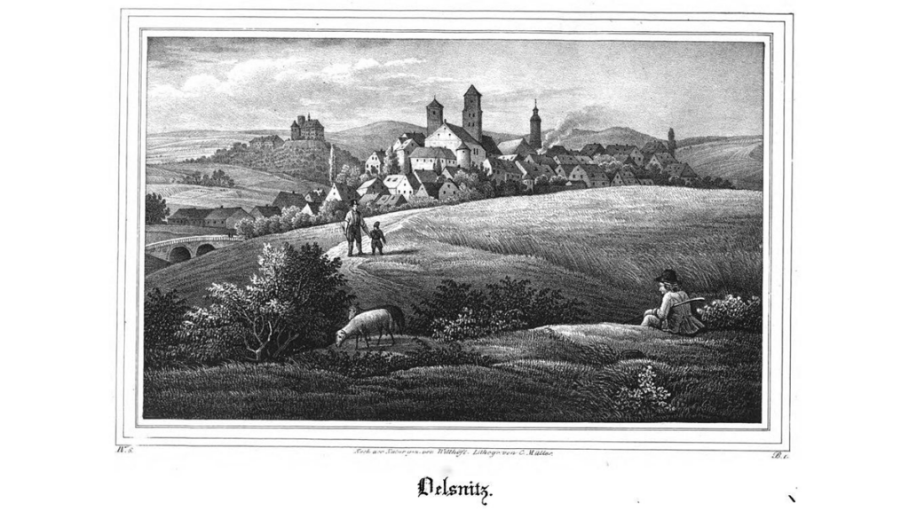 Ansicht von Schloss Voigtberg in Oelsnitz im Jahr 1839.