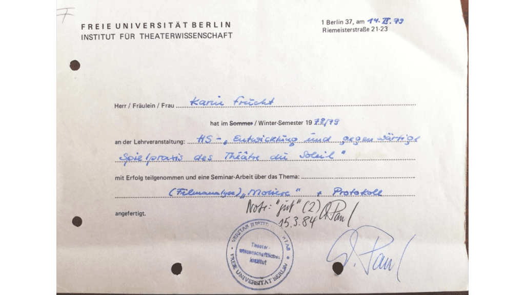 Ein Belegschein für ein Hauptseminar des Instituts für Theaterwissenschaft an der Freien Universität Berlin.